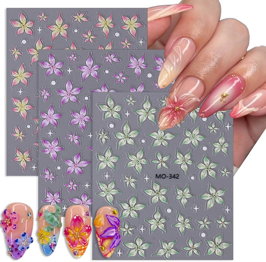 3 Sheets Flower Nail Decals, Lily Nail Stickers, 3D Self-Adhesive Nail Design Stickers for Woman Daily Festival DIY Pink Purple Green Floral Manicure Decoration Supplies