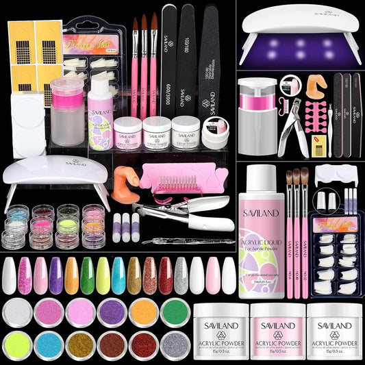 Saviland Acrylic Nail Kit for Beginners Practice: Keratin Acrylic Powder Monomer Liquid Brush Clippers Nail Lamp Complete Tools Everything 100 Nail Tips Home Starters