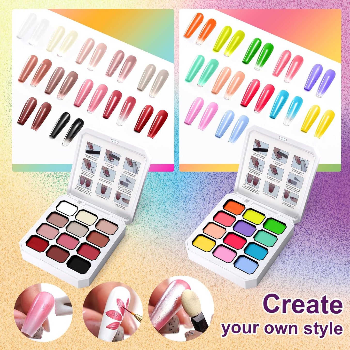 Gradient Painting Gel Set, 24 Bright Neon&Almond Nude Colors Ombre Gel Nail Polish for Pigment Pat Nail Gel Kit, Silky Texture, French Manicure DIY Nail Art, No-wipe Soak of UV