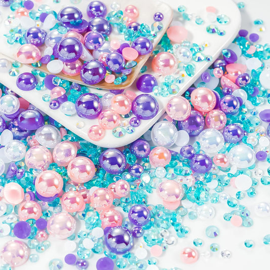 60g Purple Pink Flatback Rhinestones Half Pearls for Crafting, Mixed Size 3mm-10mm Resin Rhinestones for Bedazzling, Small Pearls for DIY Tumblers Mugs Nail Art Shoes Clothes with Glue