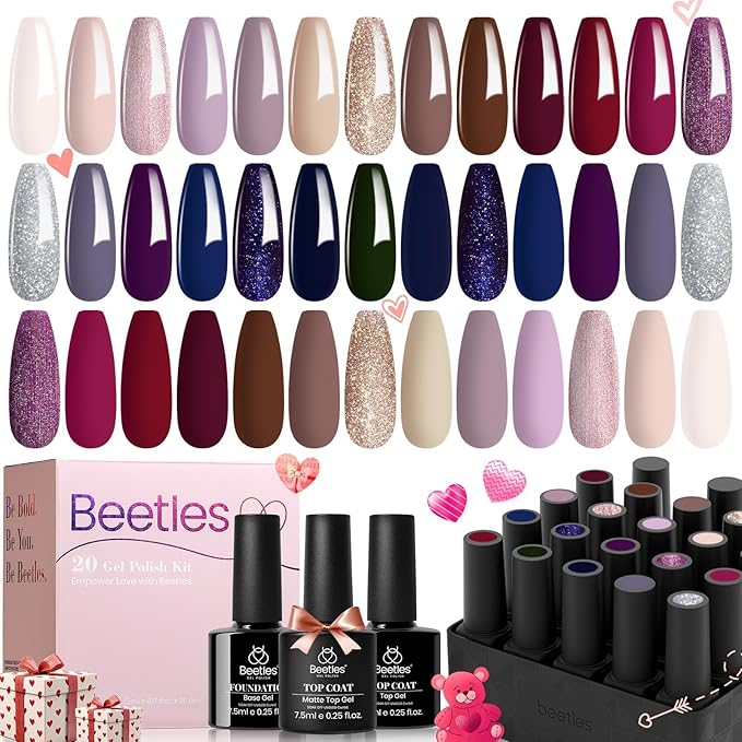 Beetles Winter Gel Polish Set 20 Colors Neutral Shimmer Red Nude Brown Gel Nail Polish Kit with Base Coat Matte Glossy Top Coat Soak off Uv Lamp Manicure Set Gift for Women Sophisticated Charm