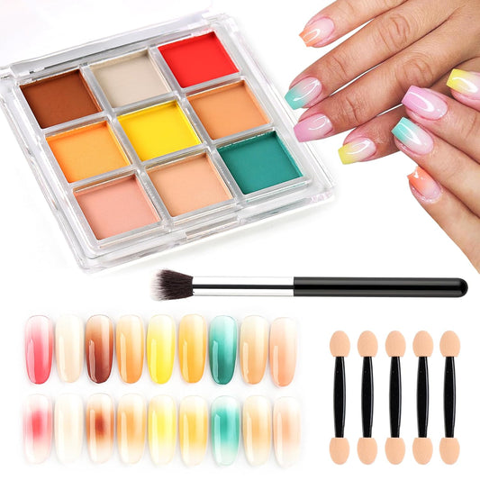 Nail Pigment Powder - 9 Colors Ombre & Gradient Nail Art Design Kit - Includes 5 Sponge Sticks & 1 Brush - Neon Powder for DIY Manicure Beginners