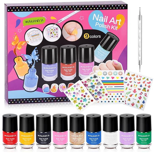 wakaniya Kids Nail Polish - Quick Dry Mini Nail Polish Set for Girls with Gems Stickers, 9 Colors Non-Toxic Water-Based Peel-Off Low Odor Toddler Nail Set for Ages 3+