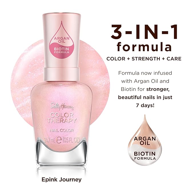 Sally Hansen Color Therapy Nail Polish | Biotin, Argan Oil, Long Lasting, Healthy Nails, Nail Strengthener, Opaque, Shimmery | 227 Epink Journey | Pink Nail Color