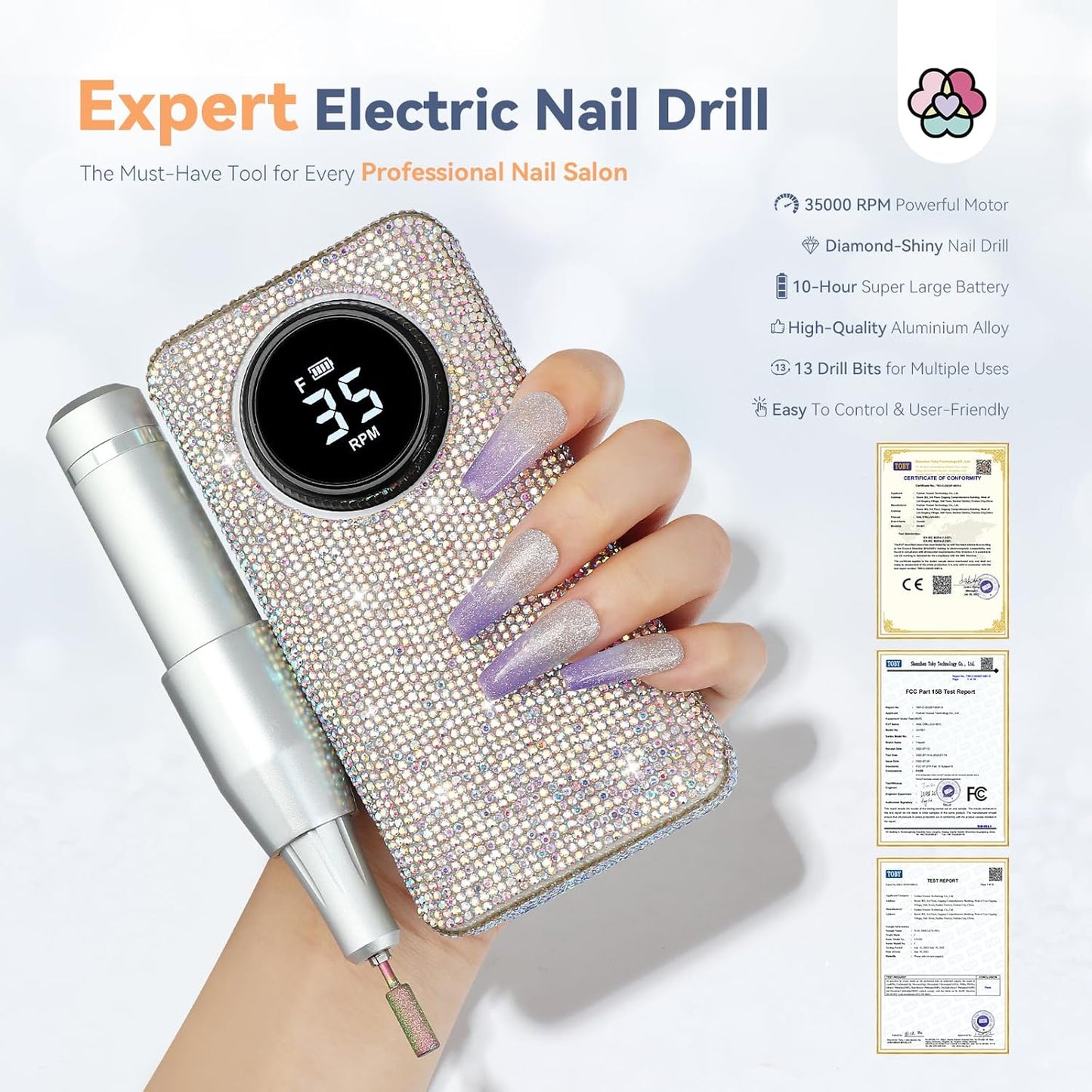 SAVILAND Professionl Nail Drill Kit: 35000RPM Rhinestones Nail Drill for Nails Electric Nail File Professional Portable Efile with Drill Bits Nails Filer Buffer Salon Home Manicure Pedicure