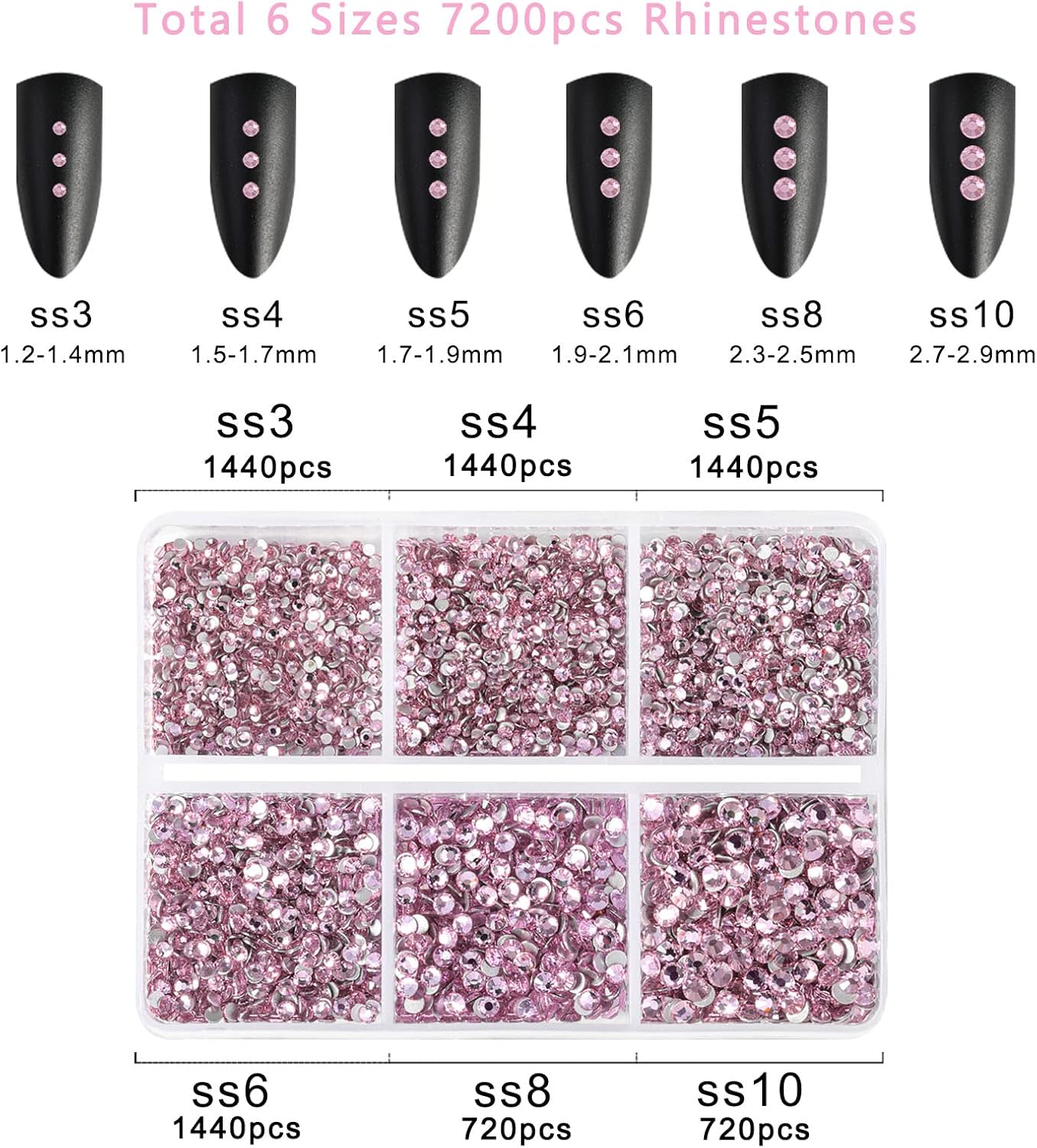 Beadsland 7200pcs Flatback Rhinestones, Pink Nail Gems Round Crystal Rhinestones for Crafts, Mixed 6 Sizes with Wax Pencil Kit, SS3-SS10, Light Rose/Light Pink