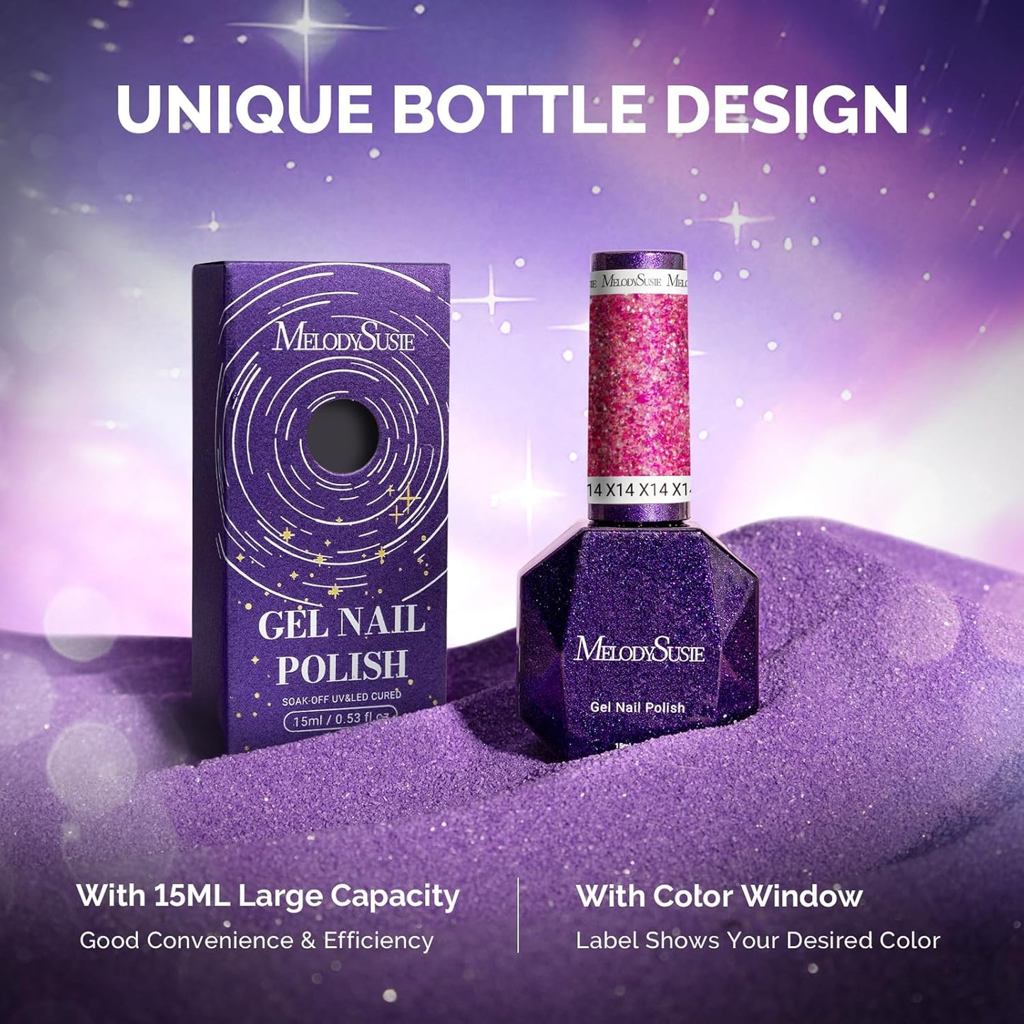 MelodySusie Galaliver Glitter Gel Nail Polish, 15ML Sparkly Shimmer Gel Polish Soak Off UV LED Cured Long Lasting Gift for Women DIY Nail Design Nail Art Manicure Romantic Pink X14