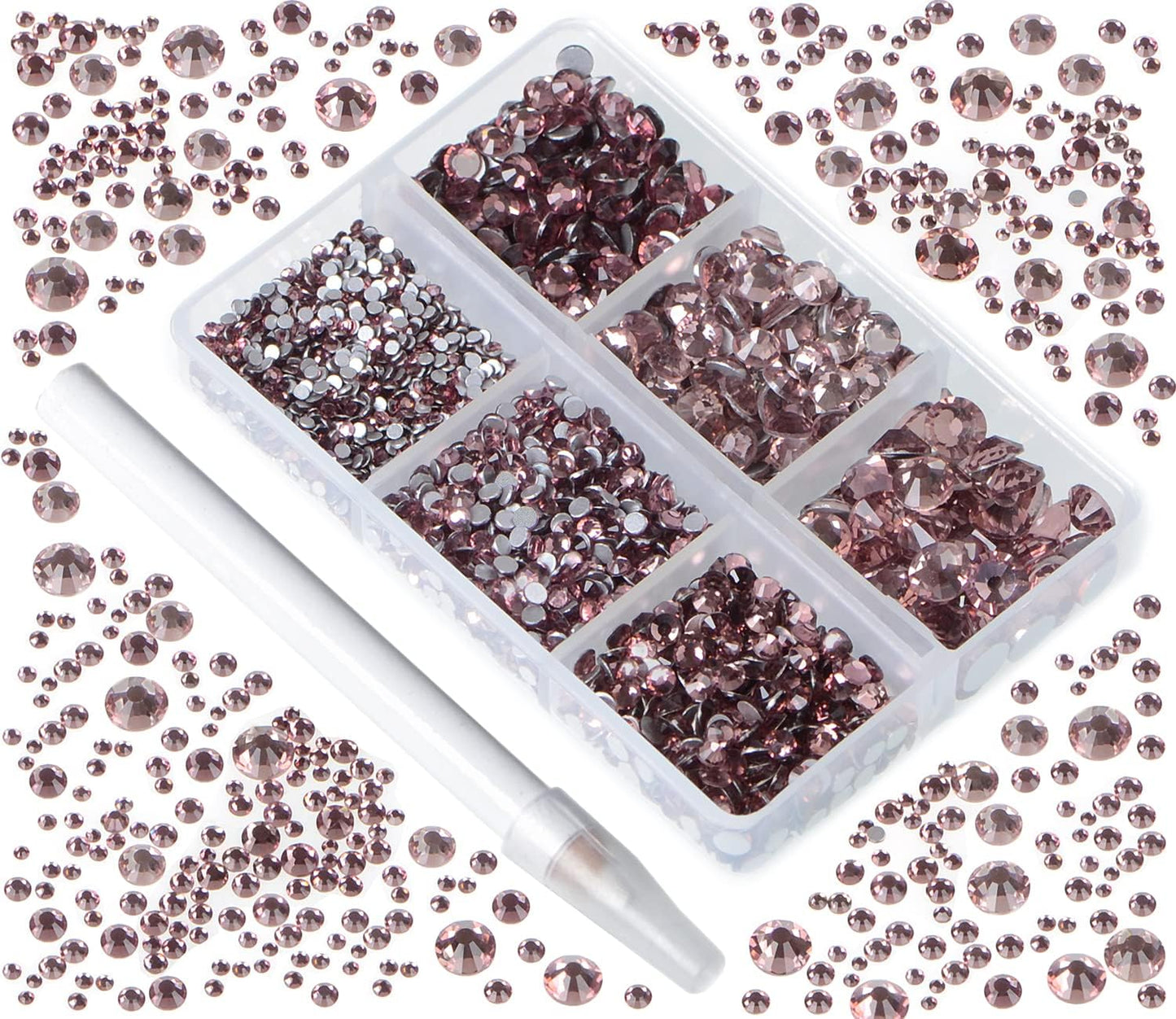 Bymitel 5000 Pieces 6 Mixed Sizes Glue Fix on Glass Rhinestones Round Crystal Gems Flatback for DIY Jewelry Making with one Picking Pen(6-Sizes 5000PCS, Lt. Amethyst)