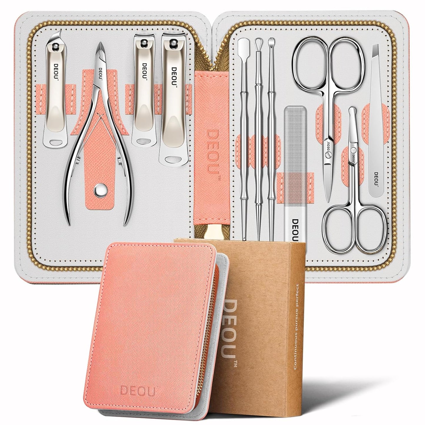 DEOU Professional Nail Set 11 in 1 stainless steel home care nail clippers, men's luxury travel leather storage box, women's beauty kit (Pink)