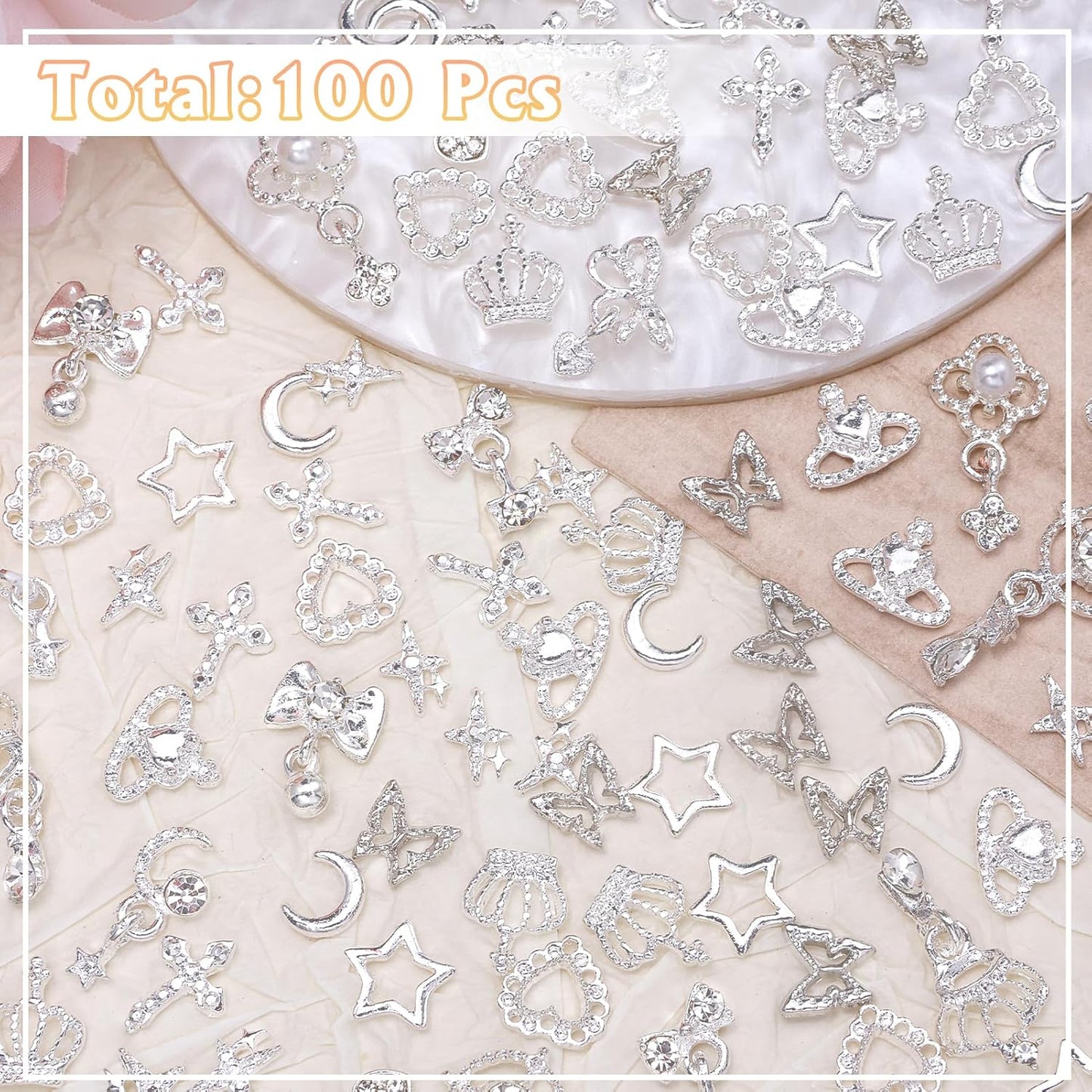 100 Pcs Silver Nail Charms and Gems, Silver Dangle Star Bows Nail Gems Charms, Metal Crown Heart Butterfly Charms for Acrylic Nail Art Alloy Cross Nail Charms for Women DIY Accessories