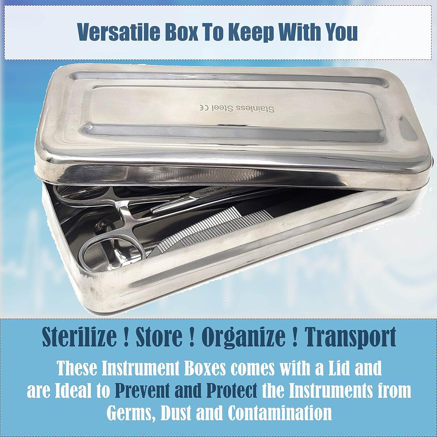 Stainless Steel LAB Dental Sterilizer Instrument Box, Organizer Jewelry/Tool Storage Tray with Lid - 8L x 5W x 2H