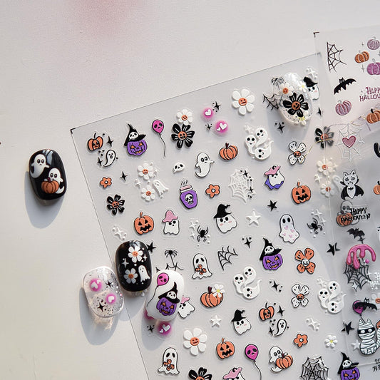 5D Embossed Cute Halloween Nail Art Stickers Self-Adhesive Ghost Nail Stickers with Spider Web Pumpkin Flower Designs Sticker Goth Nail Decals Holiday Nail Decorations for Women Acrylic Manicure Tips