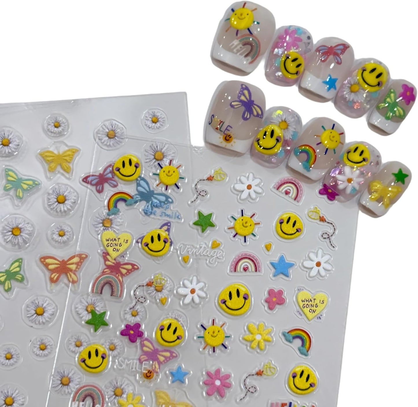 5D Embossed Smiley Face White Daisy Nail Stickers - Floral Face Nail Art Decorations for Manicure A Set of 2 Sheets