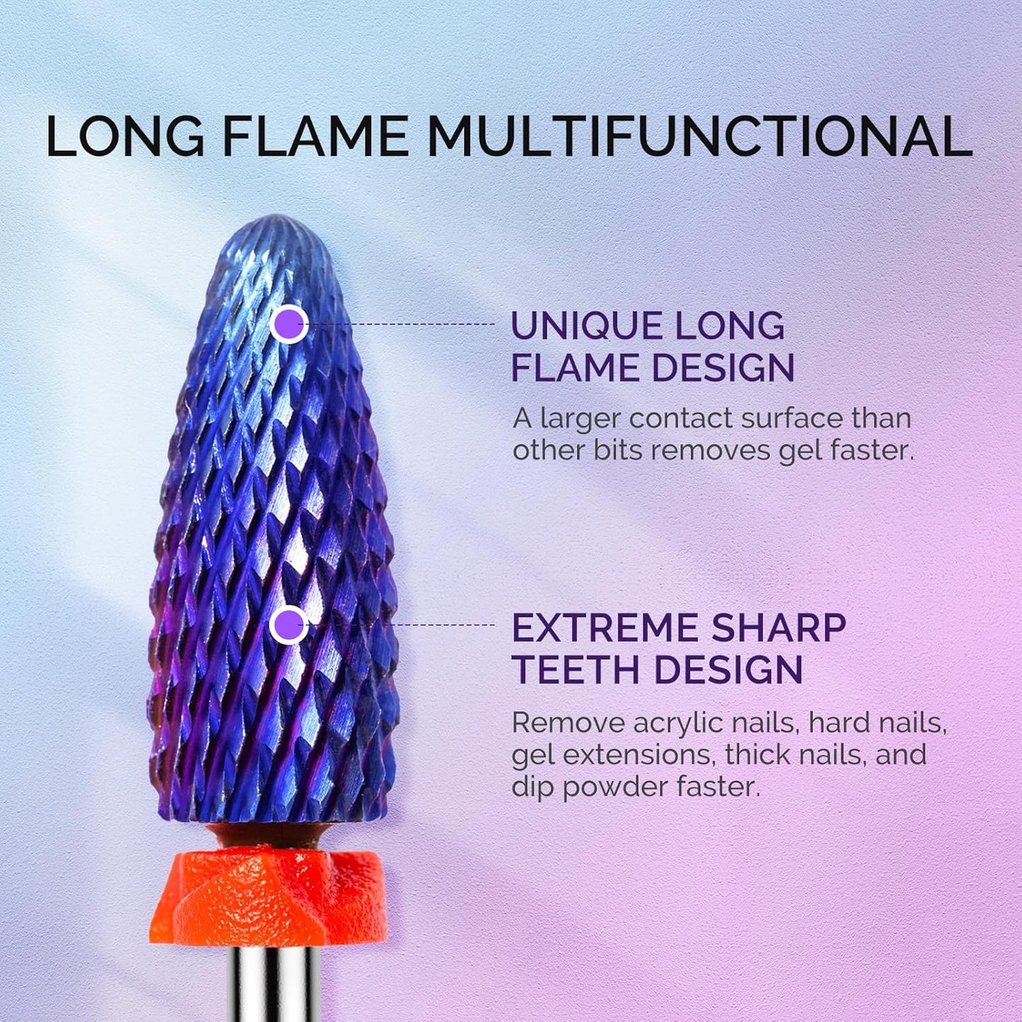 MelodySusie 3Pcs Nail Drill Bits Set, 3/32'' Carbide Tungsten Bits, Long Flame, Smooth Round Top Small Barrel and Tapered Nib Bits, Suitable for Manicure Pedicure Cuticle Gel Acrylic Remover, Purple