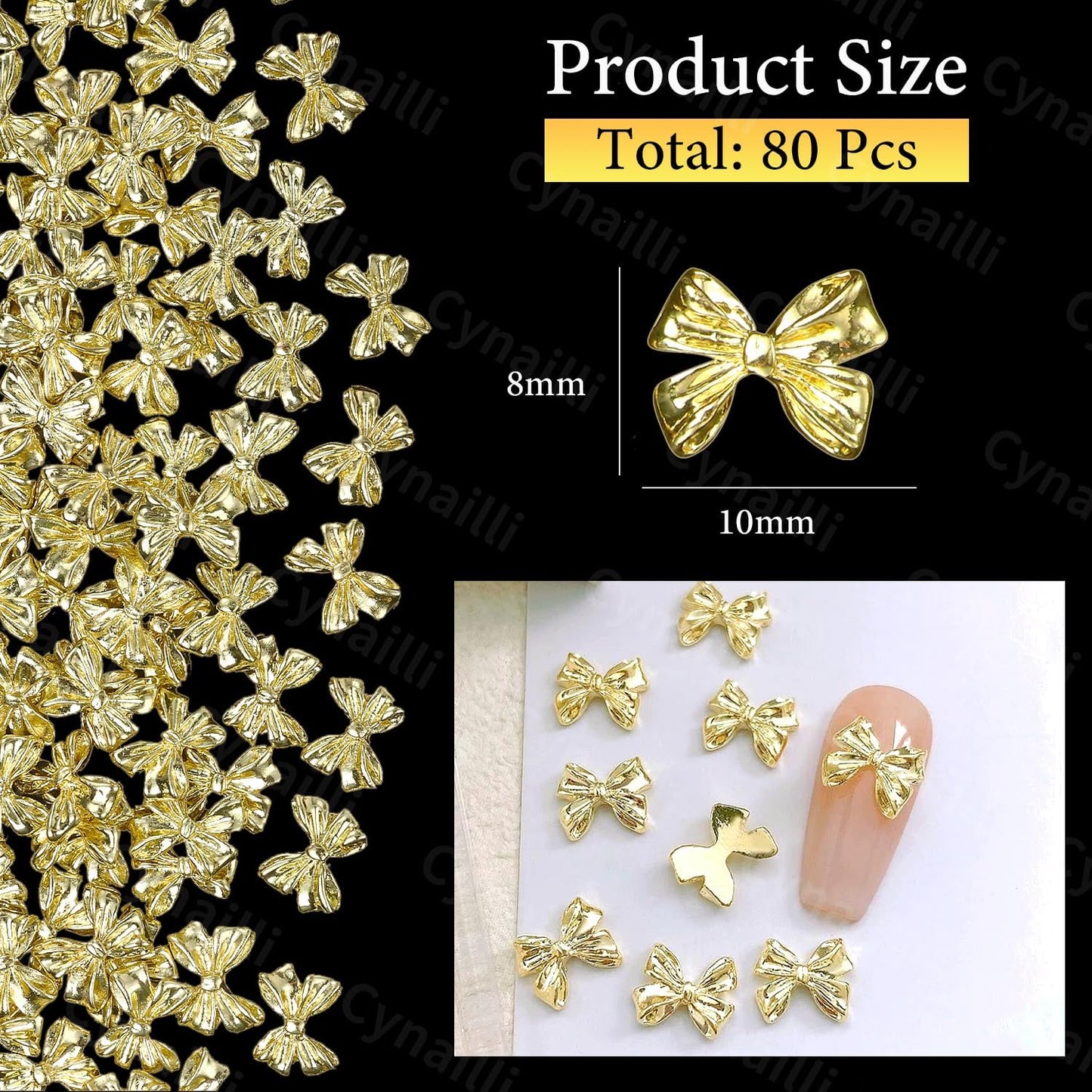 80 Pcs Metal Gold Nail Charm Bows, 3D Shiny Bow Nail Gems Charms, Cute Alloy Bowknot Y2K Nail Jewelry Charms for Nail Art Decor DIY Accessories Crafts