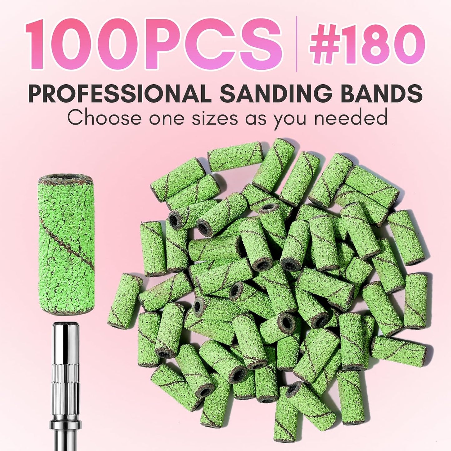 Makartt Sanding Bands for Nail Drill:100 Pcs Small Nail Sanding Files With 2025 Upgrade Design 3.1mm Mandrel Bits,180 Medium Grits (Green, #180)