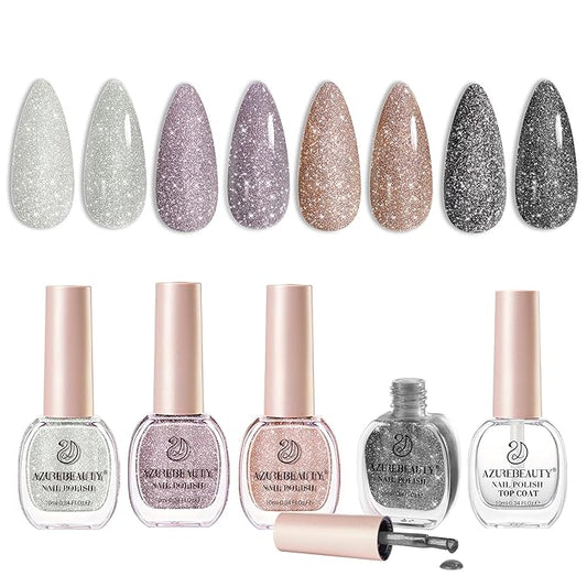 AZUREBEAUTY Matte Glitter Nail Polish Set 4 Colors Diamond Platinum Silver Purple Black Nude Nail Polish Quick Dry Natural Nail Kit with Top Coat DIY Salon Home
