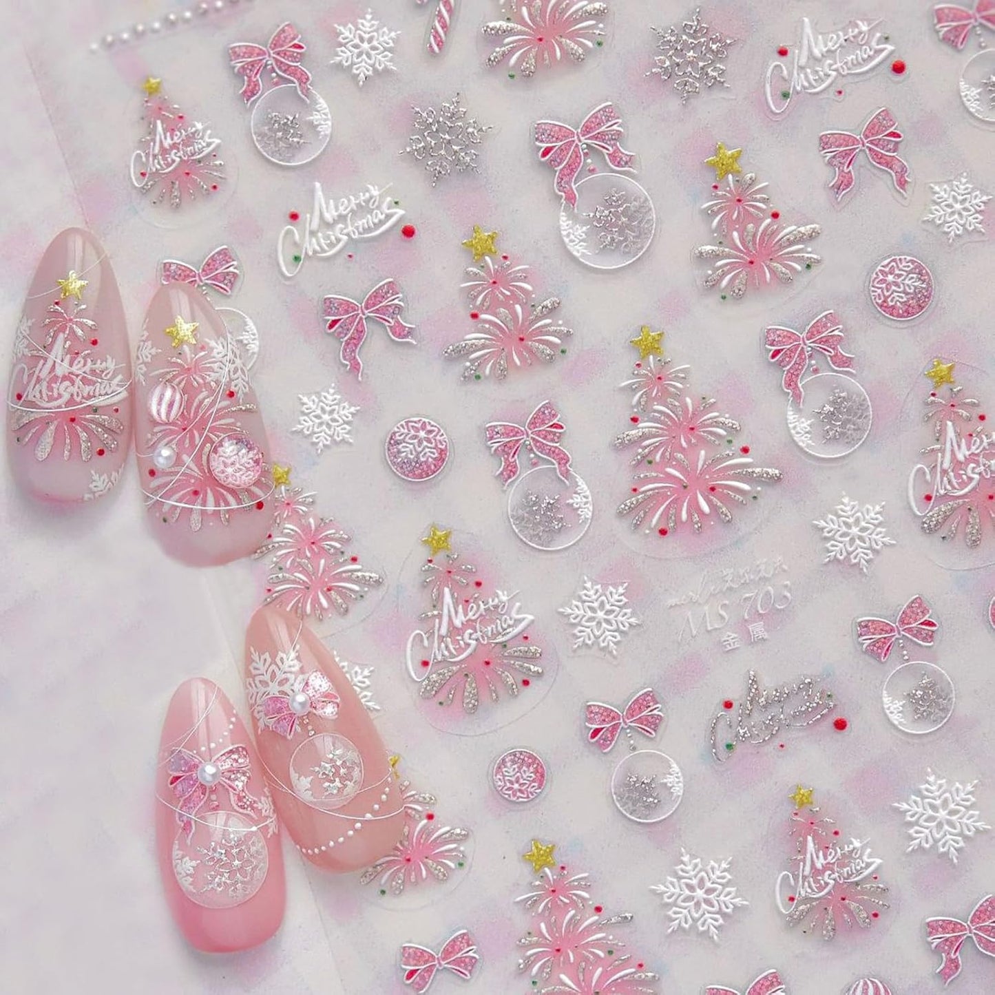 1 Sheets Pink Fireworks Christmas Tree Nail Art Stickers 5D Embossed Christmas Bow Nail Stickers Pink Glitter Snowball Tree Nail Decals Acrylic Nail Supplies for Women Girls DIY Nail Decoration