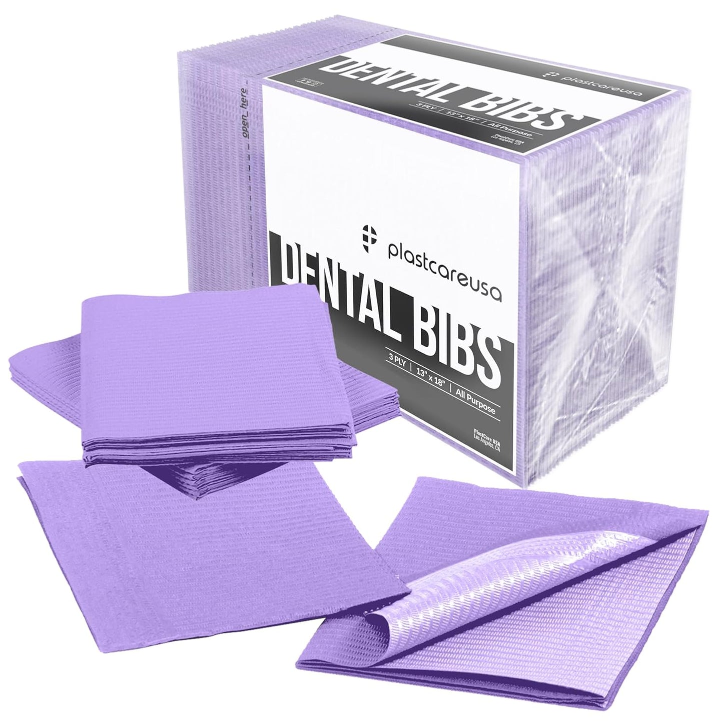 PlastCare USA Disposable Dental Bibs 13"x18" - 3 Ply Waterproof Tattoo Bib Sheet for Patients - Dentist or Medical Tray Cover and Nail Table Cover Supplies, Purple