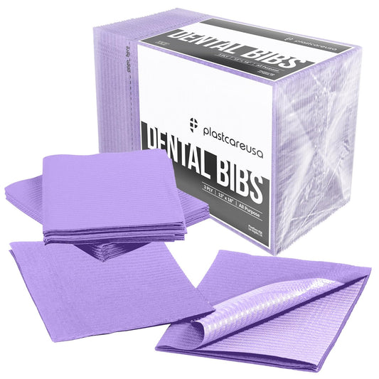PlastCare USA Disposable Dental Bibs 13"x18" - 3 Ply Waterproof Tattoo Bib Sheet for Patients - Dentist or Medical Tray Cover and Nail Table Cover Supplies, Purple