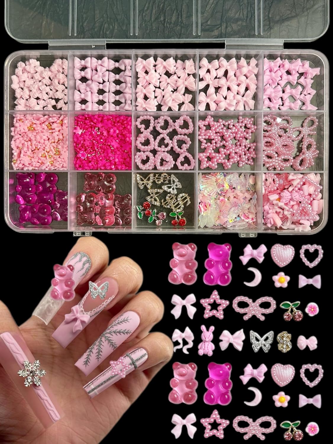 Gummy Candy Bear Nail Charms, Cute Pink Flower Bow 3D Nail Charms for Nails Design, Alloy Cherry Butterfly Dollar Nail Art for Women Manicure DIY Crafts