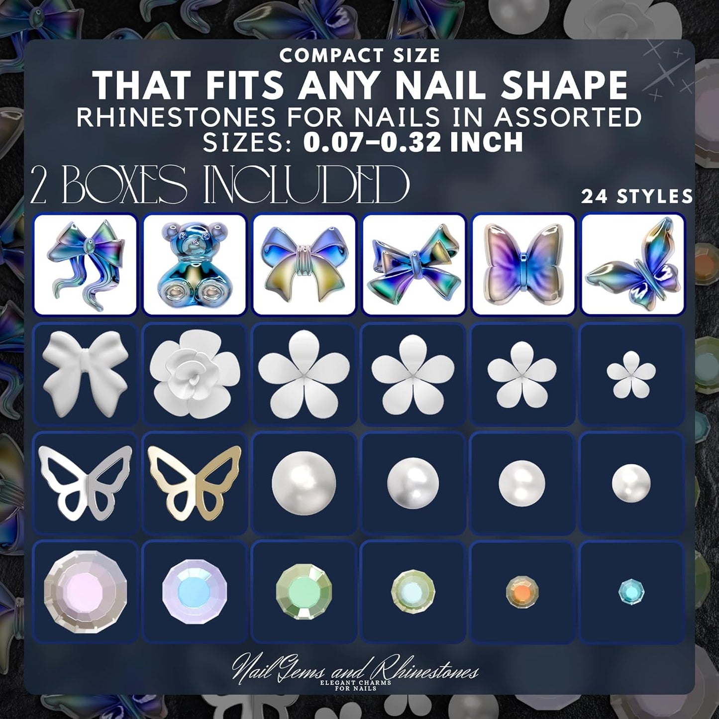 Rhinestones for Nails – Bow Nail Charms 520 Pcs Set with Gems, Butterfly Charms, 3D Flowers & Сrystals – Alloy Jewels for Nail Art, DIY Decorations, Weddings, Party Manicures & Creative Y2K Designs