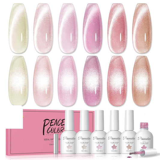 Cat Eye Gel Nail Polish Set 6 Colors Glassy Milky Nude Pink Glitter Transparent Jelly Cateye Magnetic Kit Salon at Home DIY Gifts for Women