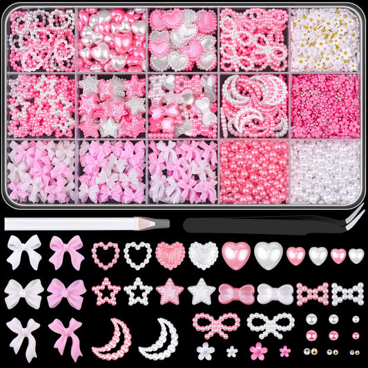 3D Nail Charms for Coquette Nails Design Set 2, Cute White Pink Nail Bows + Assorted Pearl Heart Star Moon Bowknot Nail Jewels + 3D Flower Charms and Nail Pearls, with Picker Tools for Nail Decor