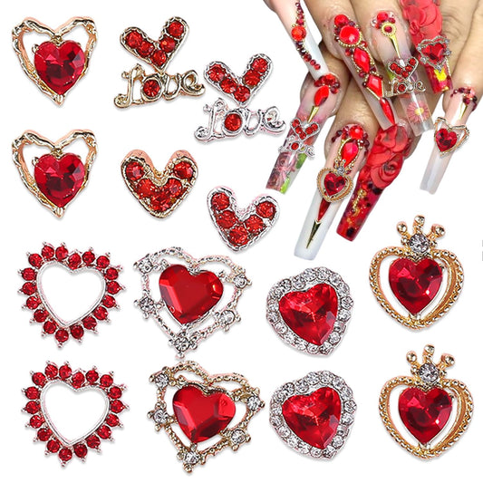 Valentines Gold & Silver Heart Nail Charms - 14 Pcs Luxury Alloy 3D Rhinestones for Crown Nails Art