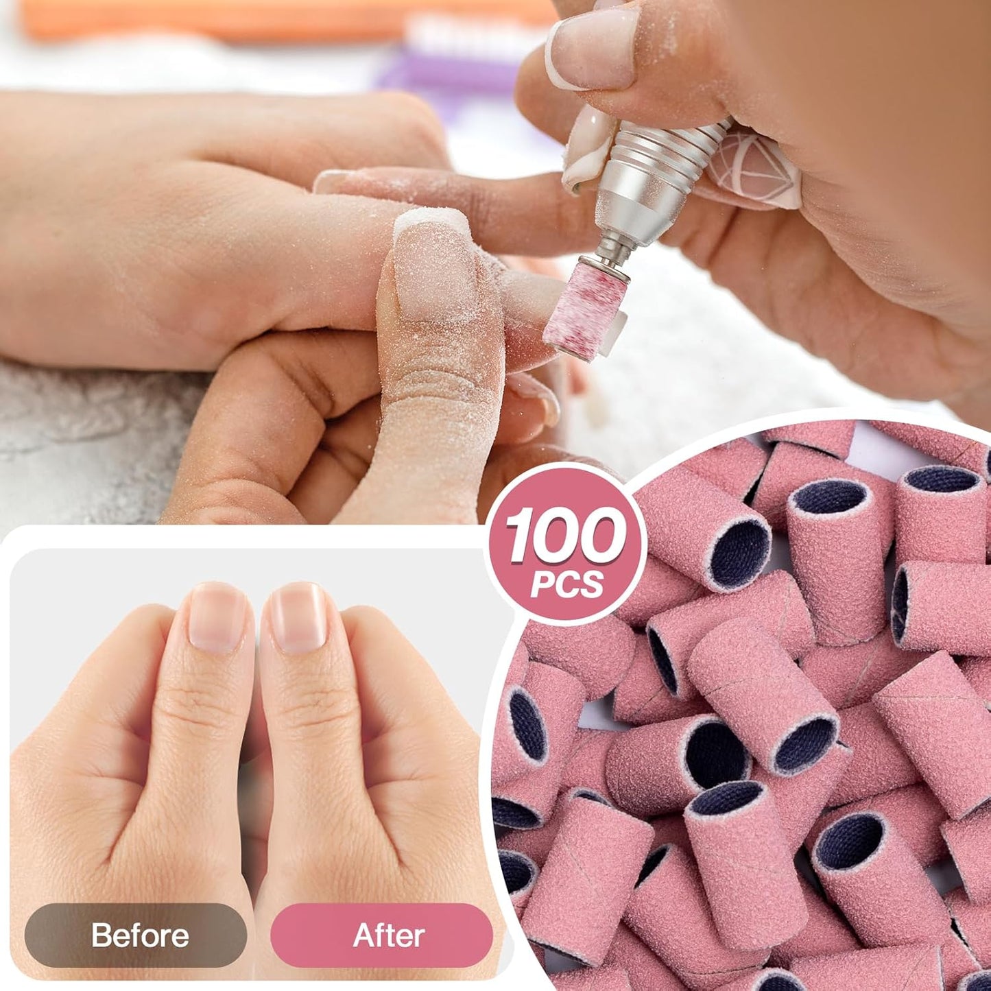 MelodySusie 100 Pcs Nail Drill Bits Sanding Bands for Nail Drill 150 Medium Grit Nail File Sanding Bands for Acrylic Nails Gel Manicures and Pedicure