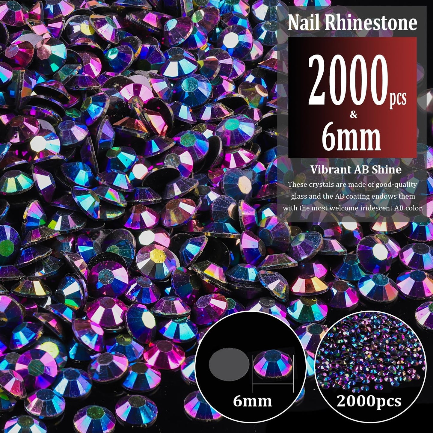 2000pcs 6mm Resin Rhinestones Bulk, Purplish Black AB Flatback Round Jelly Rhinestones Non Hotfix Crystal Gems Large Quantity Wholesale for DIY Crafts Clothes Bottles Face Makeup Manicure