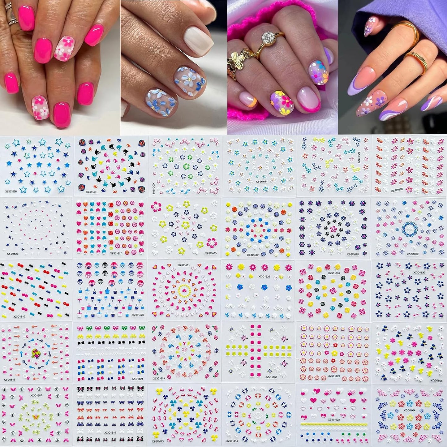 30 Sheets Flower Nail Art Stickers 3D Self-Adhesive Nail Decals Colorful Floral Designs Cute Heart Star Nail Decoration Spring Summer DIY Nail Decorations for Women Manicure Tip