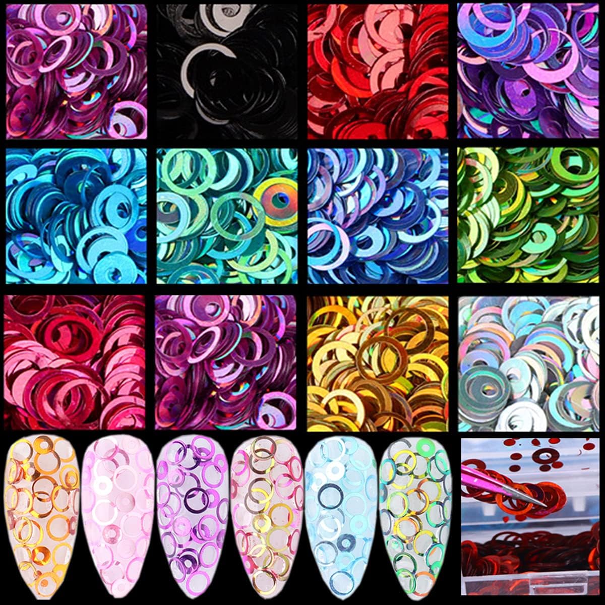 12 Colors Laser Circle Nail Glitter Sequins 3D Nail Art Decor Holographic Round Shape Flakes Nail Shiny Design Acrylic Nails Supplies Women Girls Manicure Nail Charms Decor DIY Crafts Decorations