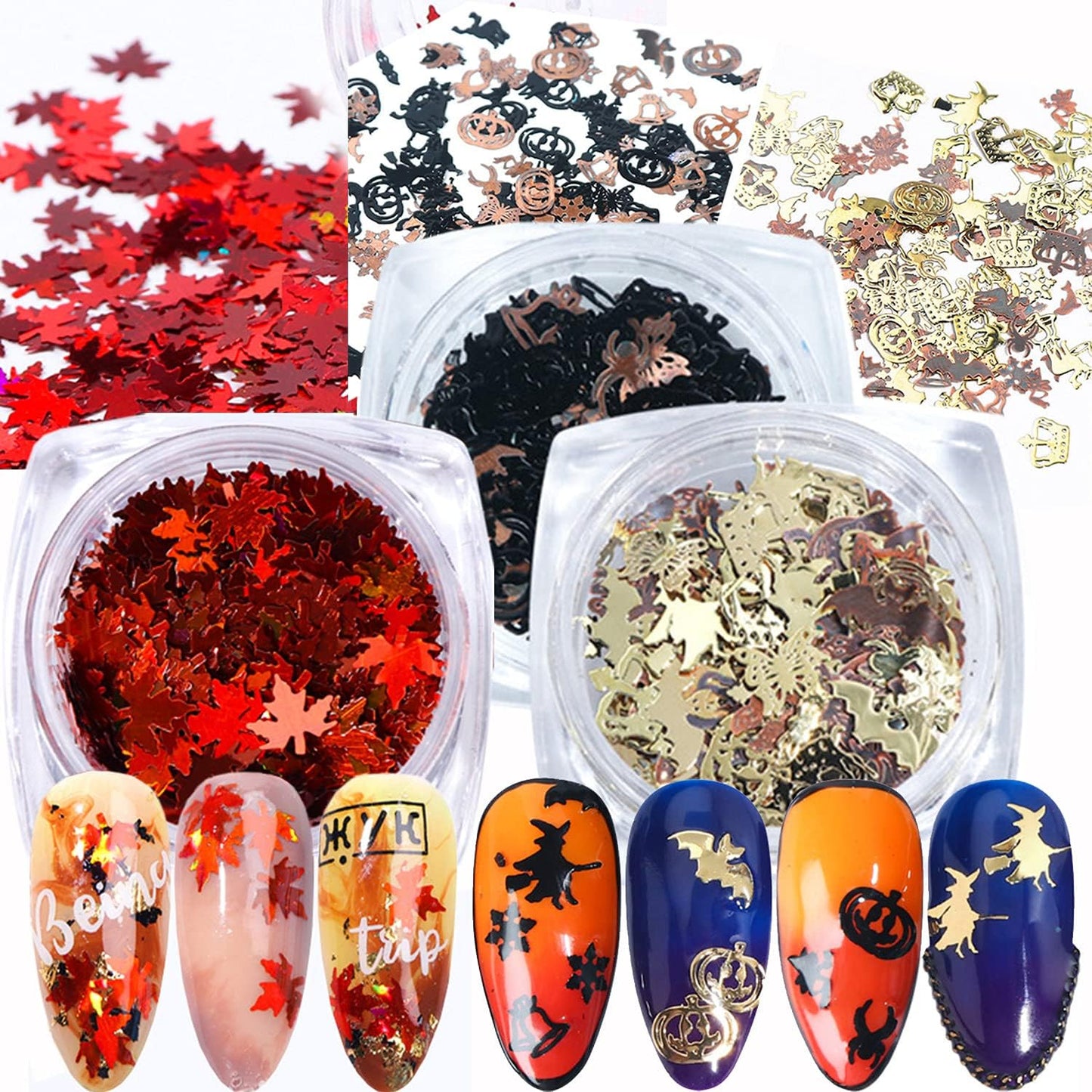 Halloween Nail Art Glitter 3D Nail Sequins, Holographic Day of The Dead Laser Sparkly Flakes Design, Bat Witch Pumpkin Elk Snowflake Nail Decoration for Nail Stickers, Holiday Nail Supplies (3 Boxes)
