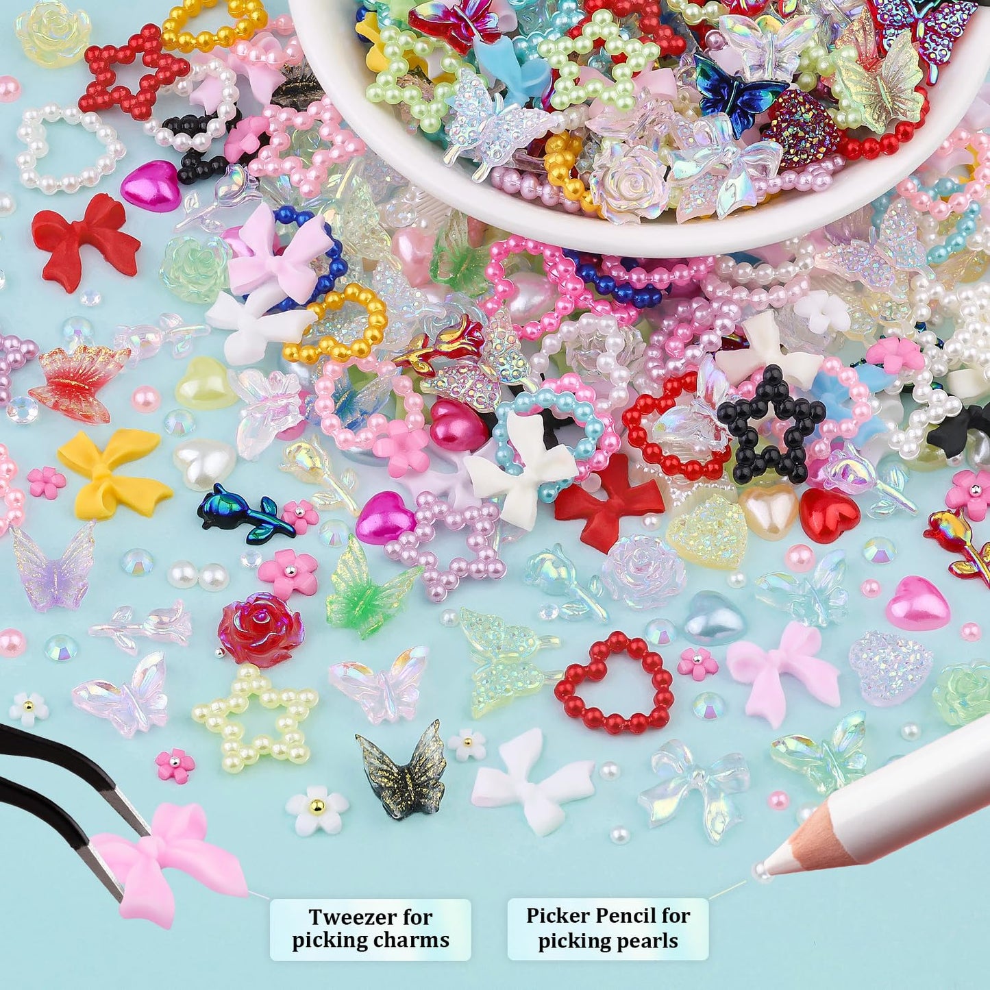 3D Nail Charms and Gems for Nails Design Set 1, Colorful Nail Bows Coquette Jewels + Cute Assorted Heart Star Rose Butterfly Junk Nail Charms + Nail Pearls for Nail Art Decor