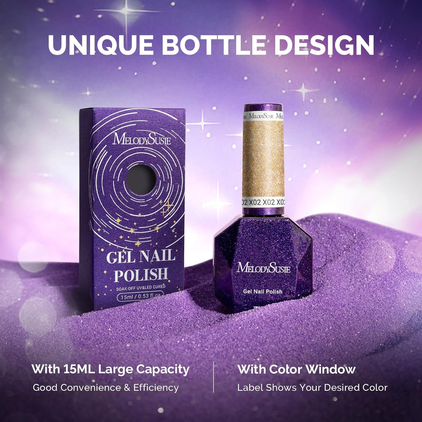 MelodySusie Galaliver Glitter Gel Nail Polish, 15ML Sparkly Shimmer Gel Polish Soak Off UV LED Cured Long Lasting Gift for Women DIY Nail Design Nail Art Manicure Noble Gold X02