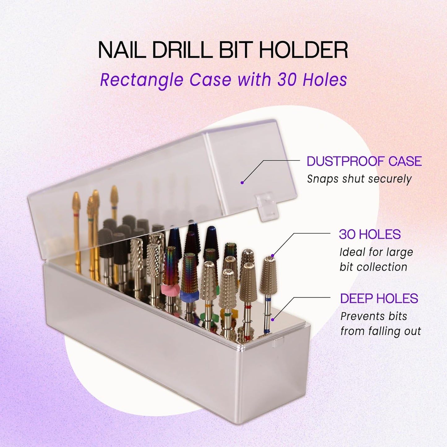 PANA Rectangle Nail Drill Bit Holder Display Organizer Case - Dustproof Carbide Bit Storage Container Box For Manicure Tools Nail Salon - 30 Holes Silver (Drill Bits Not Included)