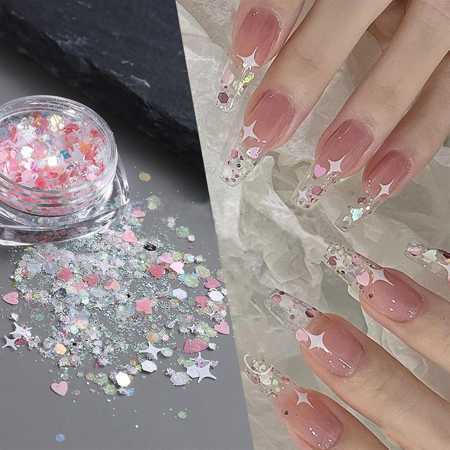 12 Grids Mixed Star Fragment Nail Art Glitters Sequins Holographic Heart Nail Sequins Hexagon Sparkles Stars Design Laser Nail Flakes Glitters Accessories for Women Manicure DIY Nail Decorations
