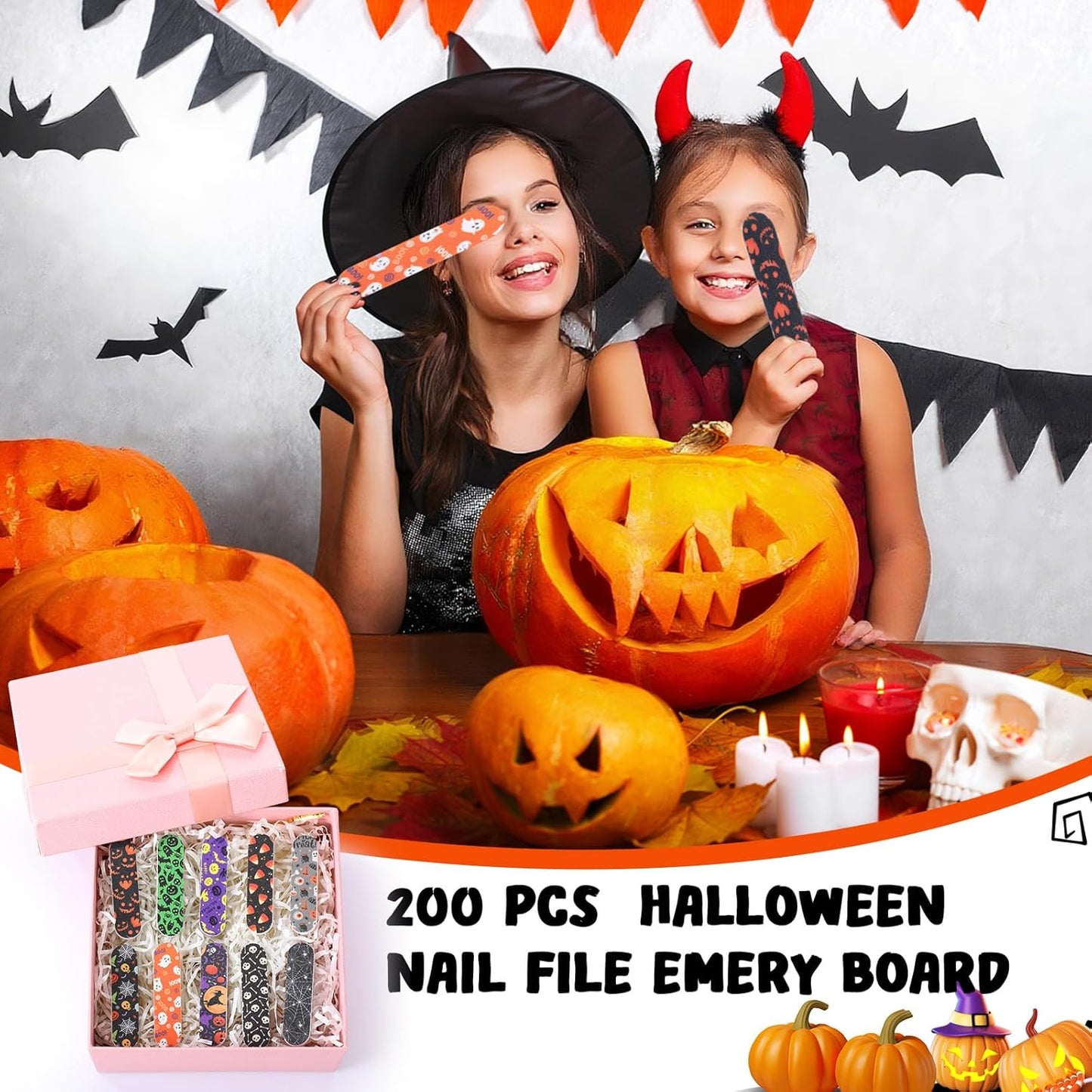 Lasnten 200 Pcs Halloween Gifts Bulk Mini Nail Files for Women Bat Spider Skull Double Sided Emery Board Nail File for Natural Nails Pumpkin Manicure Tools for Halloween Party Favor