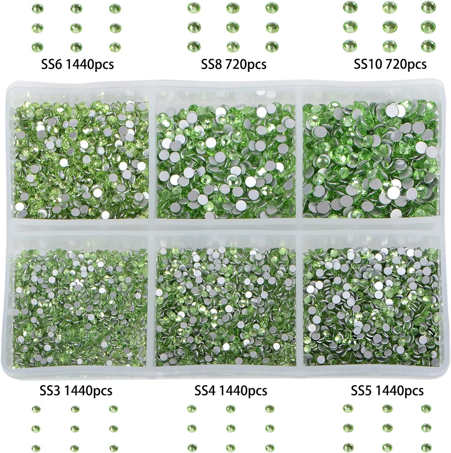 Bymitel 7200 Pieces 6 Mixed Sizes Glue Fix on Glass Rhinestones Round Crystal Gems Flatback for DIY Jewelry Making with one Picking Pen(6-Sizes 7200PCS, Peridot)