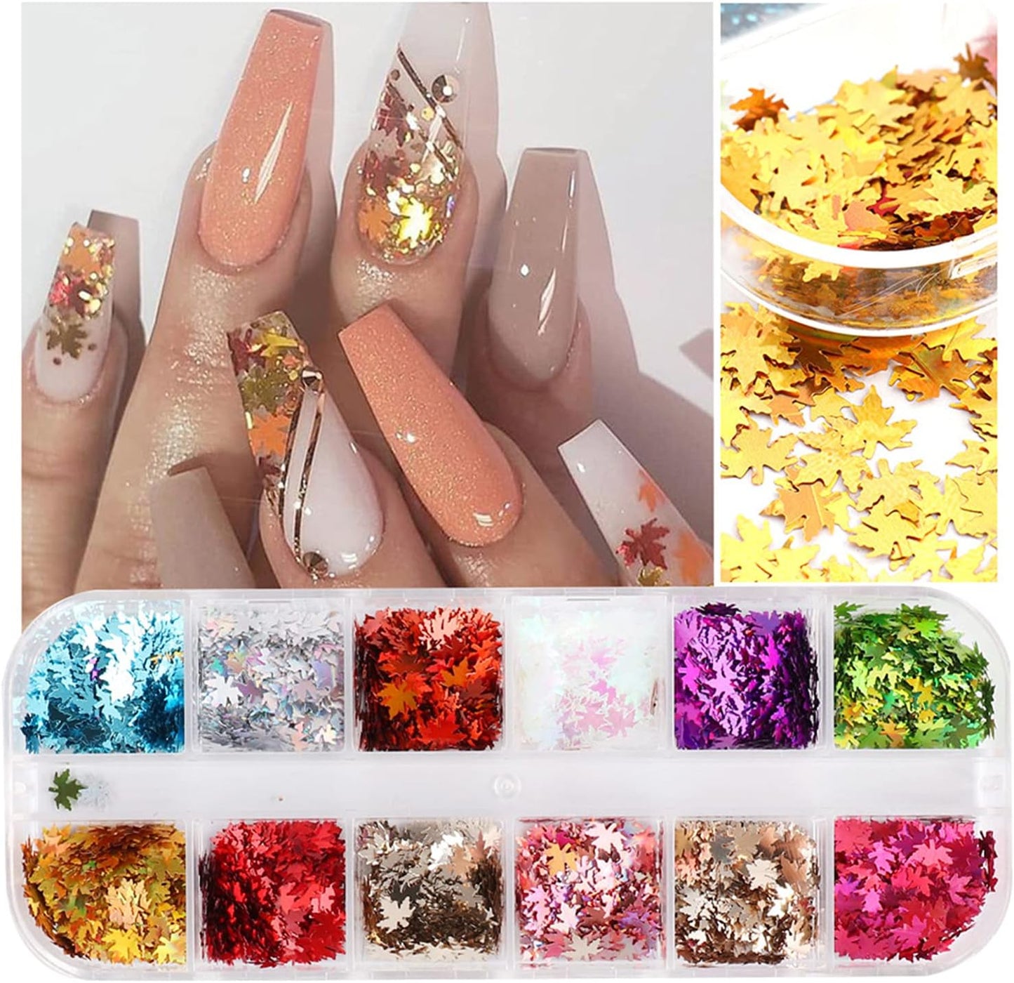12 Colors Fall Nail Art Stickers Maple Leaf Nail Glitter Sequins 3D Nail Art Accessories Autumn Leaf Shape Flakes Holographic Gold Red Maple Leaves Paillettes Designs Acrylic Nails Supply Kit