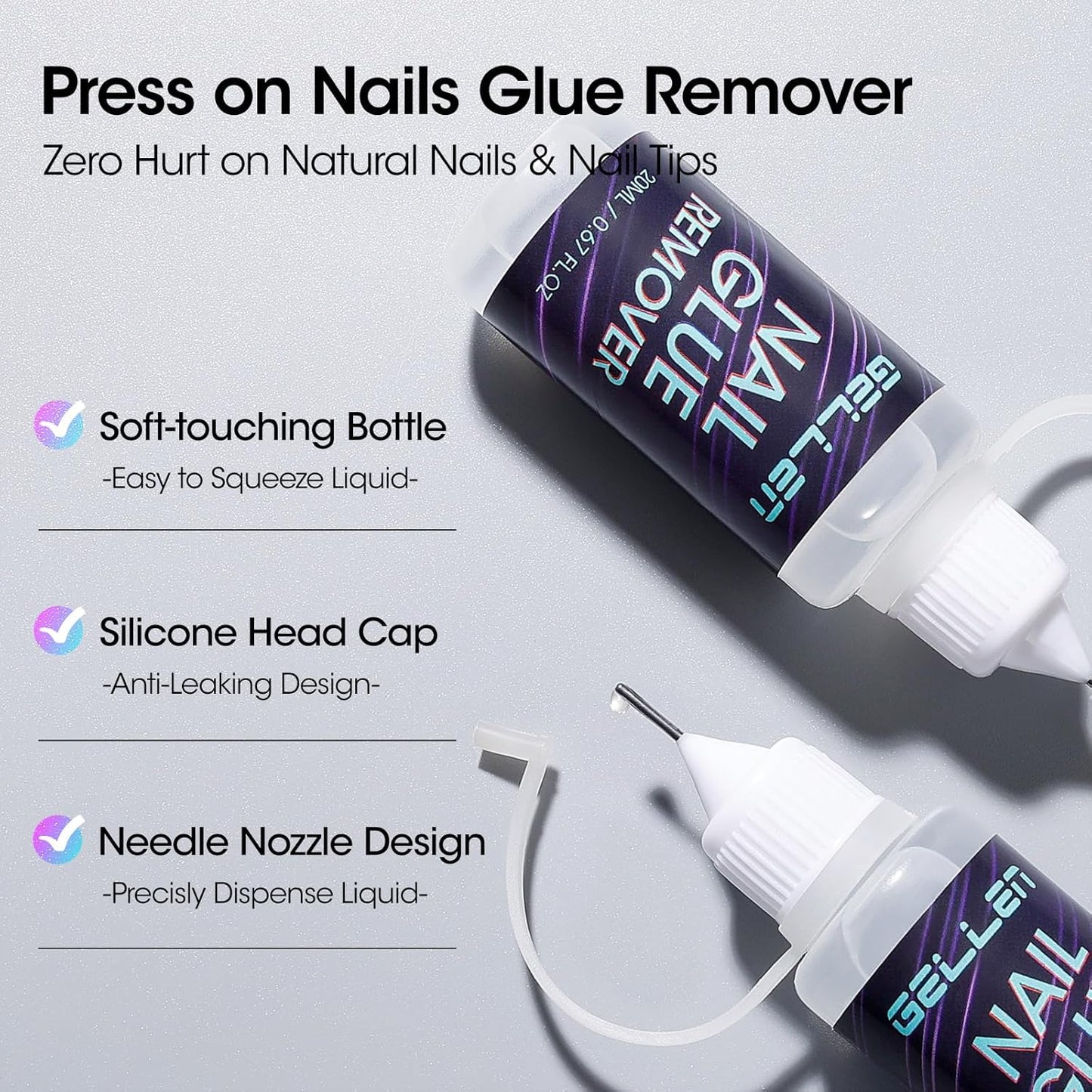 Gellen Nail Glue Remover, Non Acetone Press On Nail Remover for Quick Dry Strong Brush Bond, 10s Fast Gentle Removal Solid Gel & UV Gel, Glue Off for Fake Nail Tips with Stick, 0.67 Fl.oz