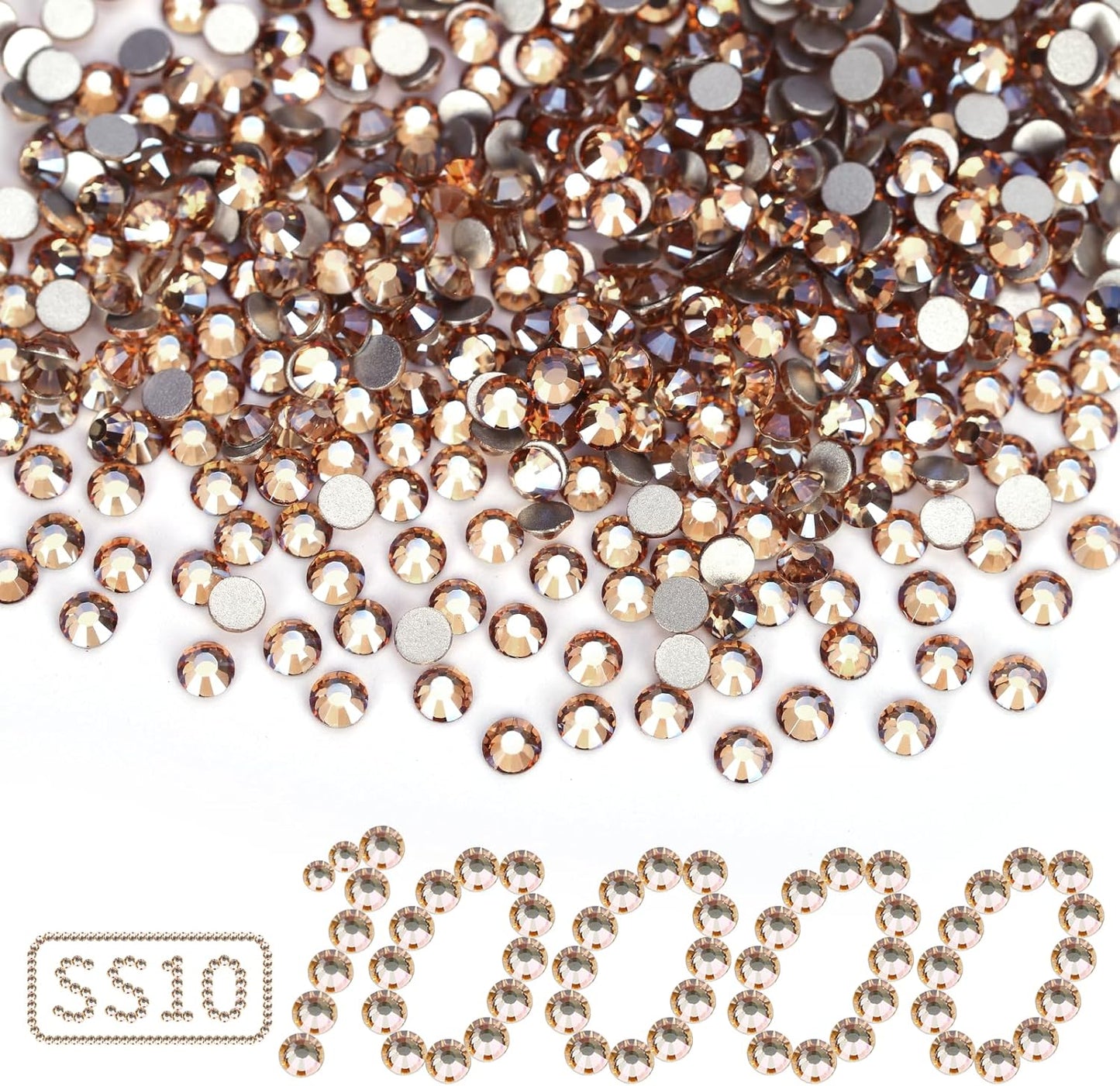 10000PCS Golden Shadow Rhinestones Bulk, Flat Back Crystal Glass Stone Round Gems,SS10, 2.7-2.9mm