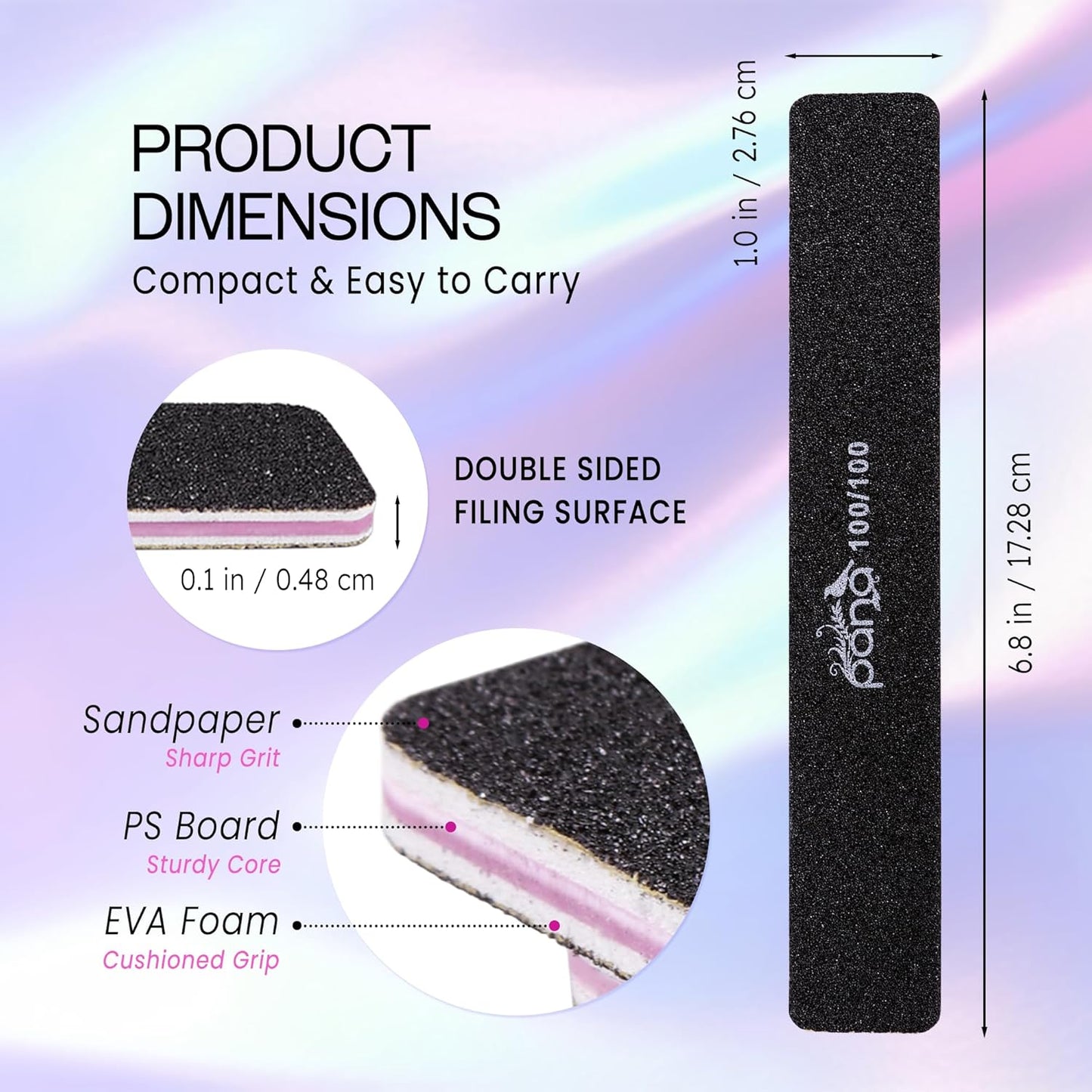 PANA Jumbo Double-Sided Emery Nail File for Manicure, Pedicure, Natural, and Acrylic Nails - Black (Grit 100/100) - 50 Piece Pack