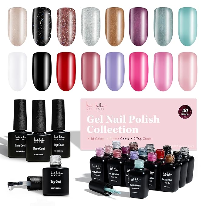 Nicole Miller Gel Nail Polish Collection: 20-Piece Set with 16 Vibrant Colors, 2 Base Coats, and 2 Top Coats - 0.20 fl oz Each