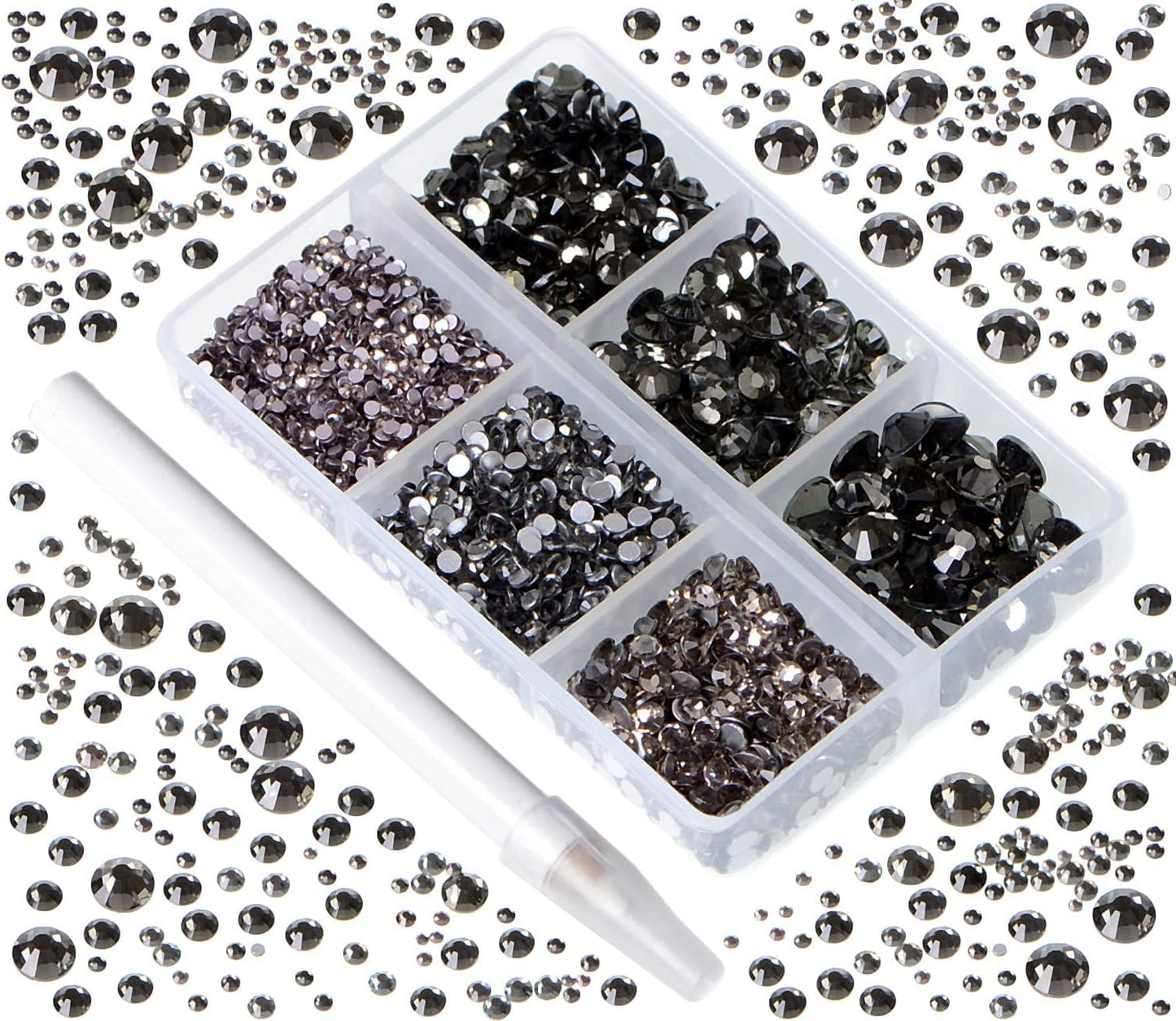 Bymitel 5000 Pieces 6 Mixed Sizes Glue Fix on Glass Rhinestones Round Crystal Gems Flatback for DIY Jewelry Making with one Picking Pen(6-Sizes 5000PCS, Black Diamond)