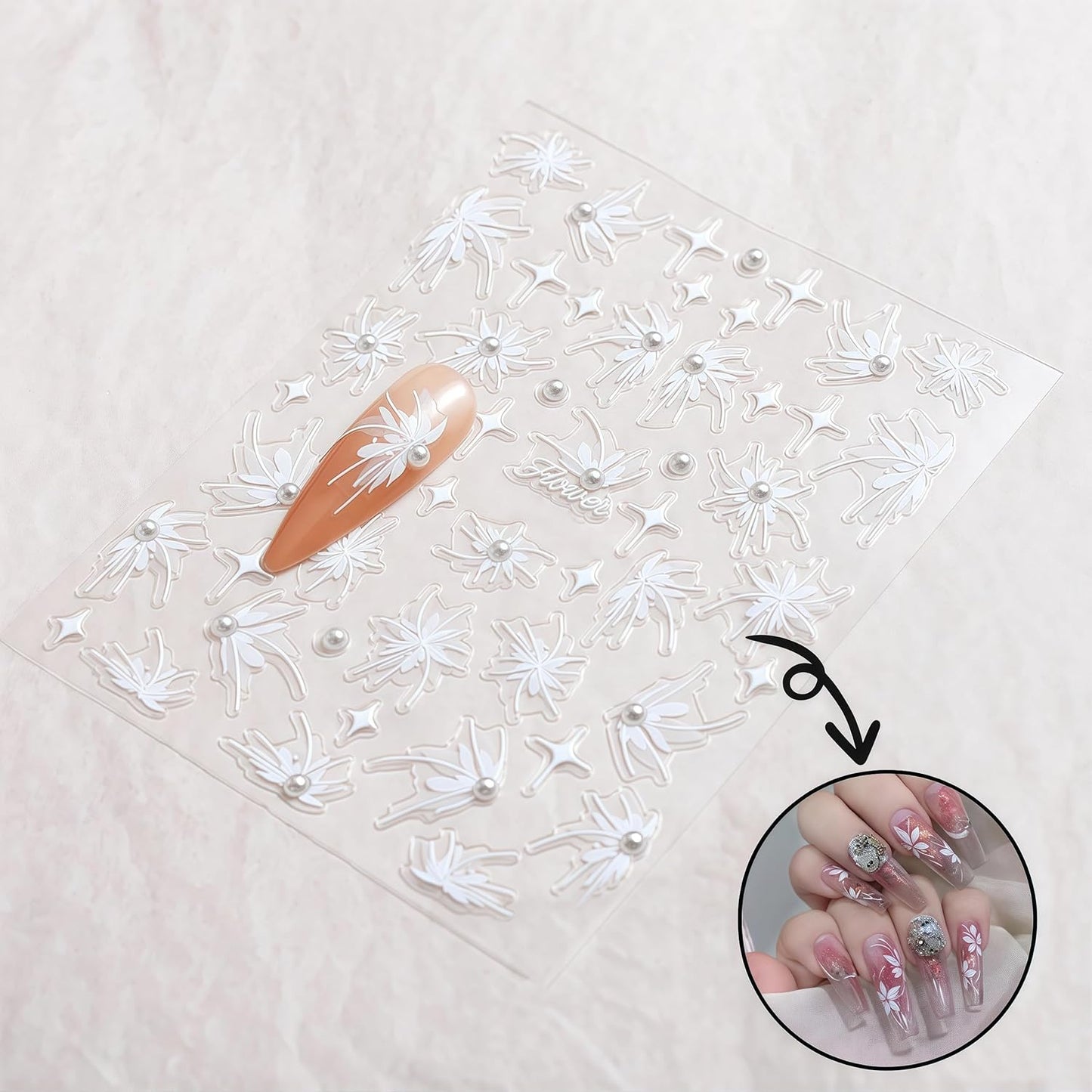 2 Sheets Green White Snow Mowing Flower Nail Art Stickers 5D Embossed Self-Adhesive Pearl Flower Stickers White Feather Lace Design Suitable for Ladies Girls Nail Art Decoration