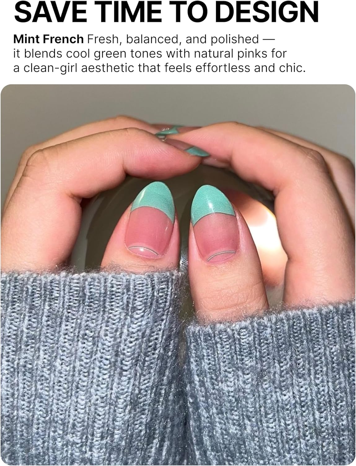 UUUUUU Semi Cured Gel Nail Strips | Salon-Quality | UV Free Gel Nail Wraps for Women | Easy Peel&Stick | Long-Lasting up to 14 Days | 28 Strips Set+File & Wipes | Gift-Ready (UGN104 Mint French)