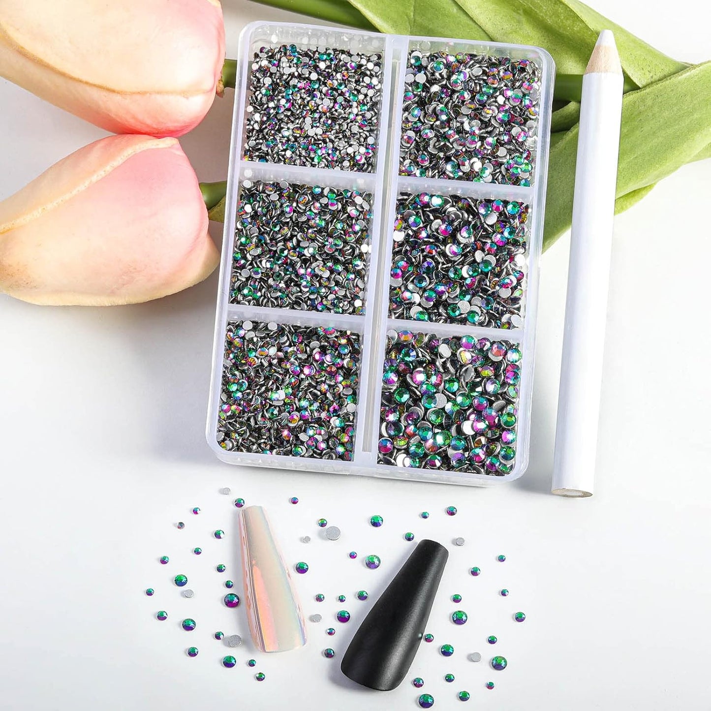 Beadsland 7200pcs Flatback Rhinestones,Green Rhinestone Nail Gems Round Crystal Rhinestones for Crafts,Mixed 6 Sizes with Wax Pencil Kit, SS3-SS10,Green Volcano