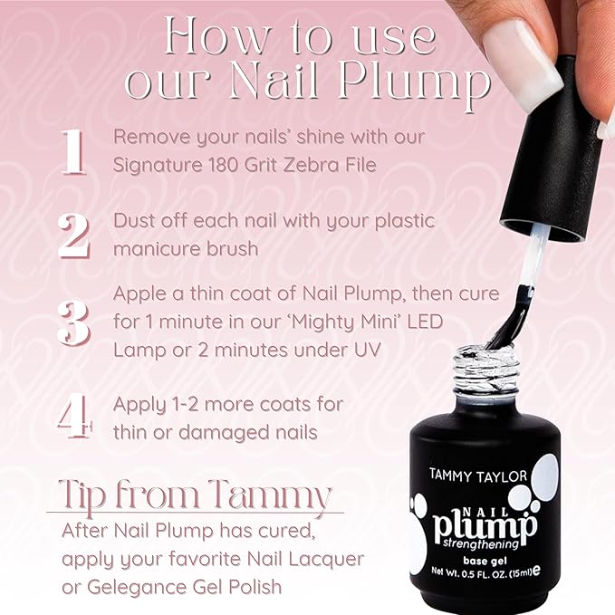 Tammy Taylor Plump Builder Gel Natural Nail Strengthener & Growth Hardener Repair Treatment Serum for Weak & Damaged Nails, Ridge Filler Base Coat Nail Polish, Clear Rubber Base, Endurecedor De Uñas
